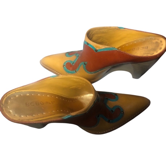 BcBG vintage leather mustard, brown & turquoise western style mule wedges - Picture 4 of 10